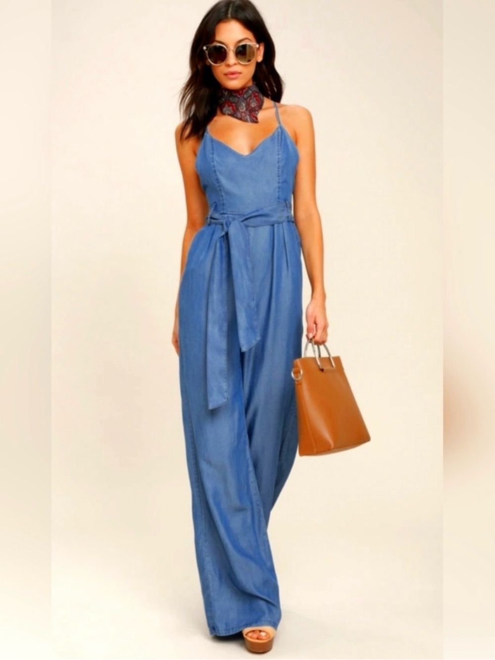 Lulu's chambray denim jumpsuit medium Boho chic wide leg retro vintage style